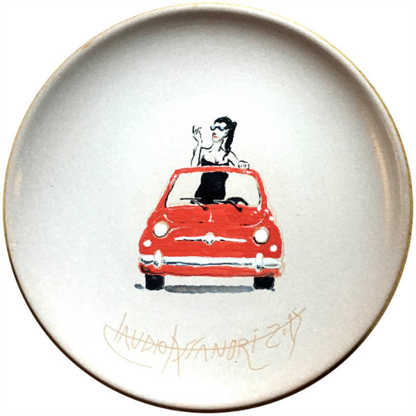 Lovitalia Cinquecento red, unique handpainted plate by Artist Claudio Assandri