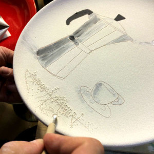 The making of Italian Summers plate Moka Amore. Exclusive ceramic plate by Italian Summers.The signing of the plate by Claudio